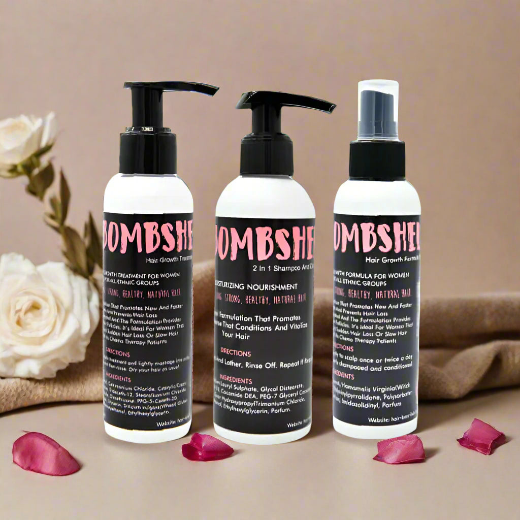 Bombshell Hair Growth Kit for Women: Treatment, Spray, 2-in-1 Shampoo/Conditioner.