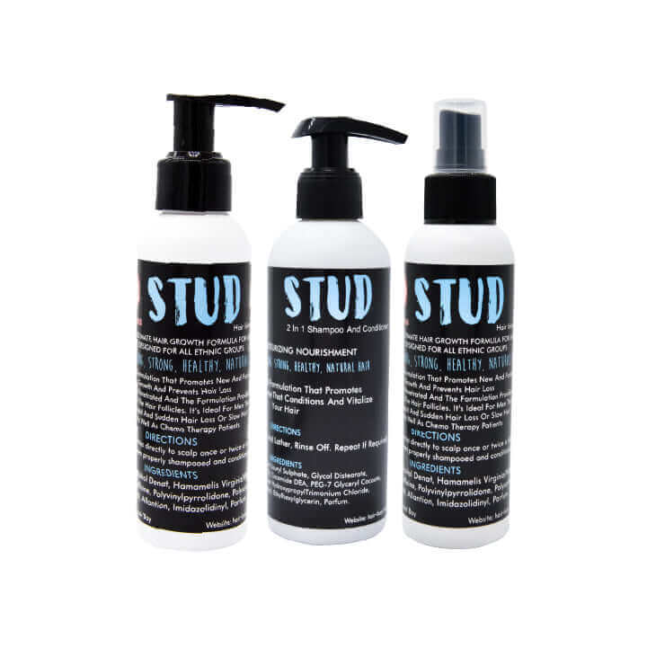 Stud Hair Growth Kit for Men: Treatment, Spray, 2-in-1 Shampoo/Conditioner.